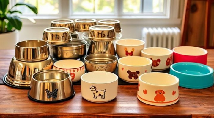 Assortment of different dog bowls including stainless steel, ceramic and plastic types