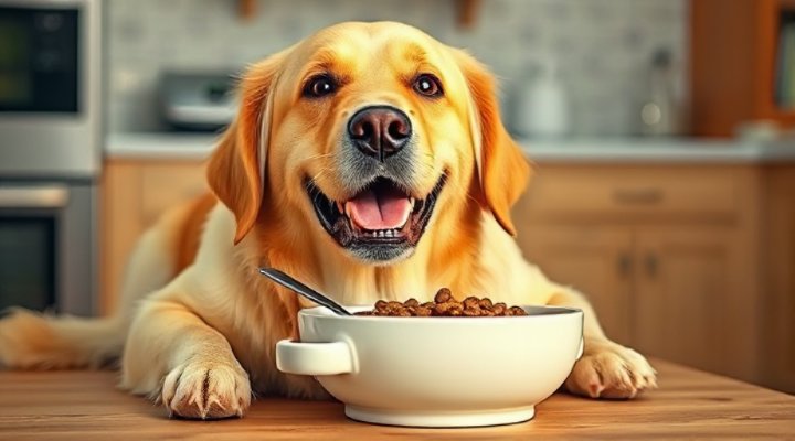 Golden retriever happily eating organic dog food from ceramic bowl