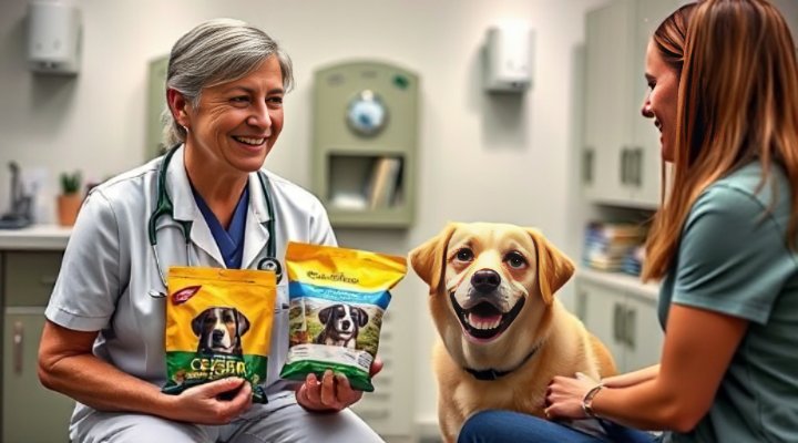 A friendly veterinarian discussing Cesar dog food with a pet owner and their dog