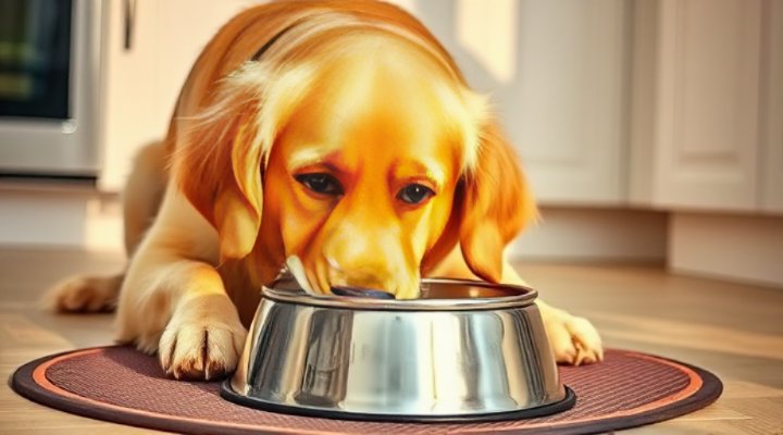 Happy golden retriever eating from a stainless steel dog bowl during mealtime