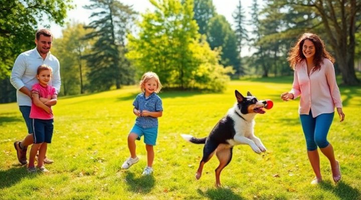 Happy family playing in park with their energetic and healthy puppy