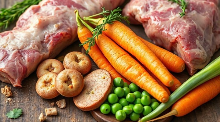 Close-up of healthy ingredients used in Cesar dog food like meat and vegetables
