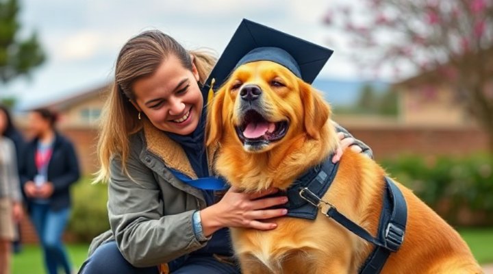 Happy moment of service dog graduation with trainer and owner