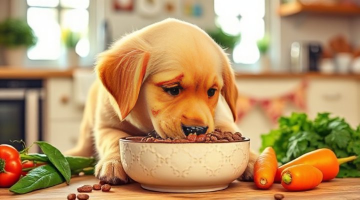 A cheerful dog enjoying a bowl of organic dog food for sensitive stomachs
