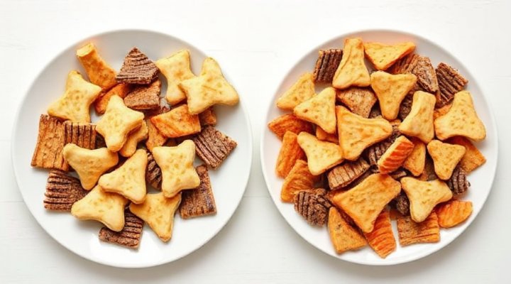 Side-by-side comparison showing healthy natural cat treats versus processed commercial treats