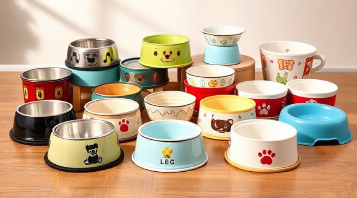 Assortment of different dog bowls including stainless steel, ceramic, and plastic options