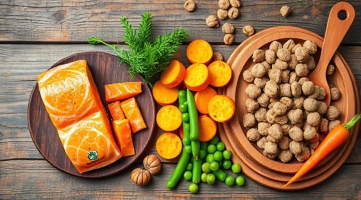 Comparison of organic and conventional dog food ingredients on wooden table