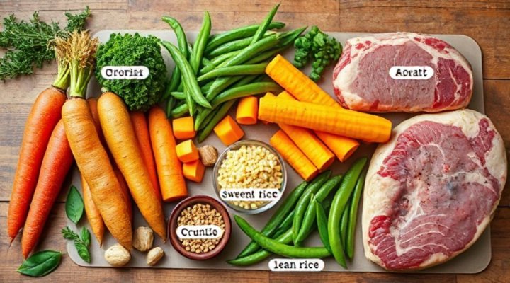 Assortment of fresh organic ingredients for homemade dog food