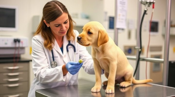 Professional veterinarian gently examining a healthy Labrador puppy during check-up