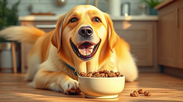 Golden retriever happily eating organic dog food from ceramic bowl