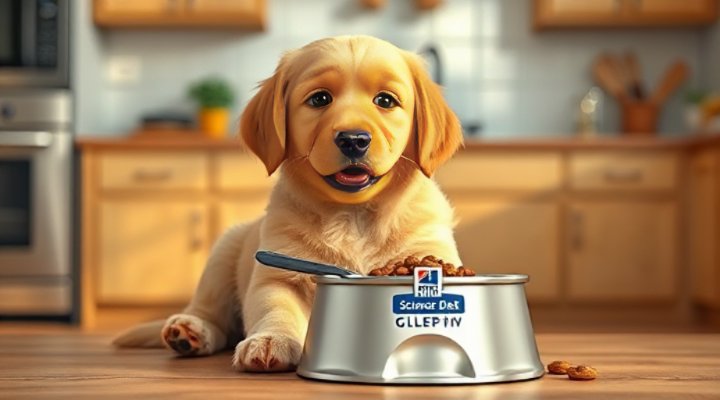 Golden retriever puppy happily eating Hill