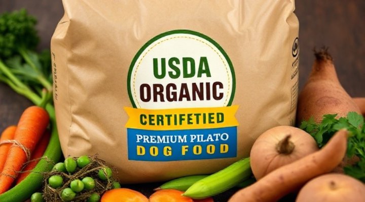 Close-up of USDA organic certification label on dog food bag with fresh vegetables