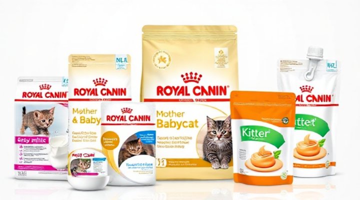 Assortment of Royal Canin kitten food products including dry kibble and wet food varieties