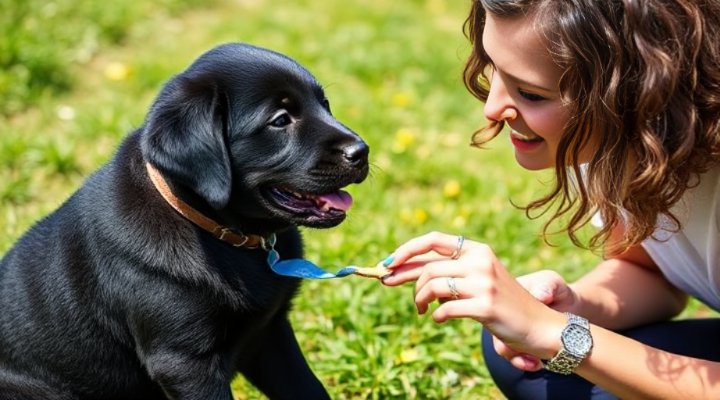 Woman training Labrador puppy using Diamond food treats