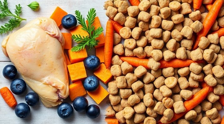 Side-by-side comparison showing real food ingredients vs processed kibble