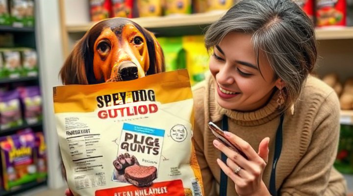 Person carefully reading dog food ingredient label with magnifying glass