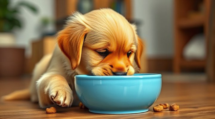 Adorable golden retriever puppy eating Diamond puppy food from a blue bowl