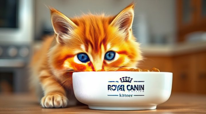Cute orange tabby kitten happily eating Royal Canin kitten food from ceramic bowl