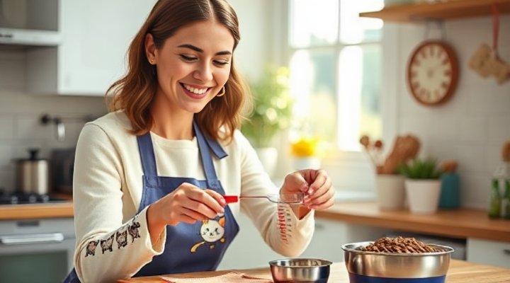 Caring pet owner using measuring cup to portion Royal Canin kitten food