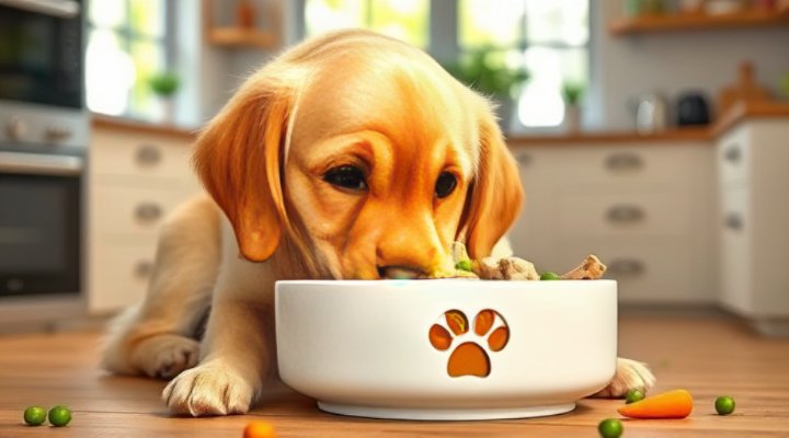 Golden retriever happily eating bowl of real dog food with visible meat and vegetables