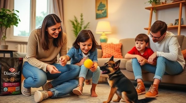 Happy family playing with well-trained puppy in living room