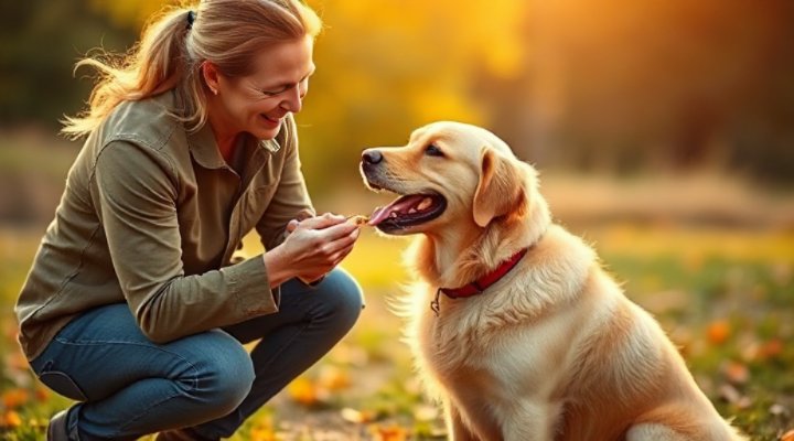 Happy dog and trainer celebrating successful advanced training session