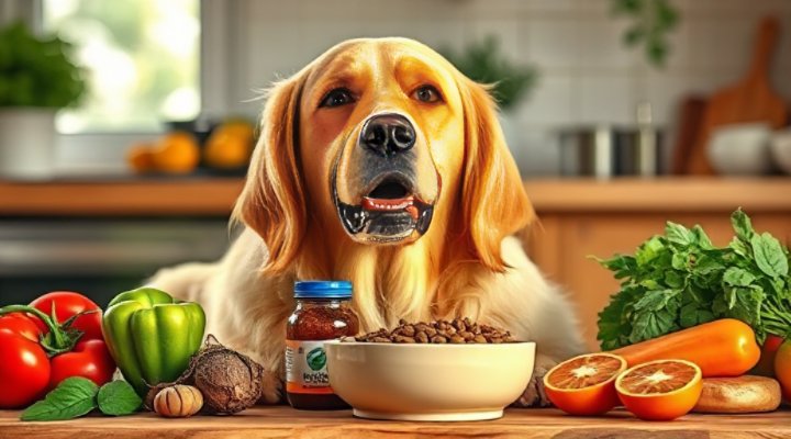 Golden retriever happily eating certified organic dog food from ceramic bowl