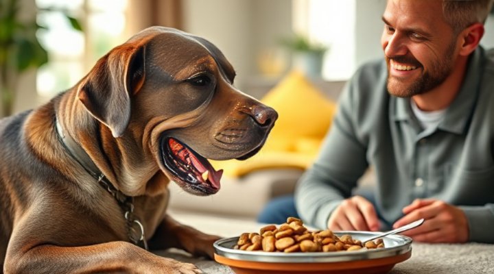 Elderly Labrador enjoying organic dog food while owner lovingly watches