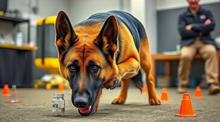 Dog performing professional scent detection work with focused concentration