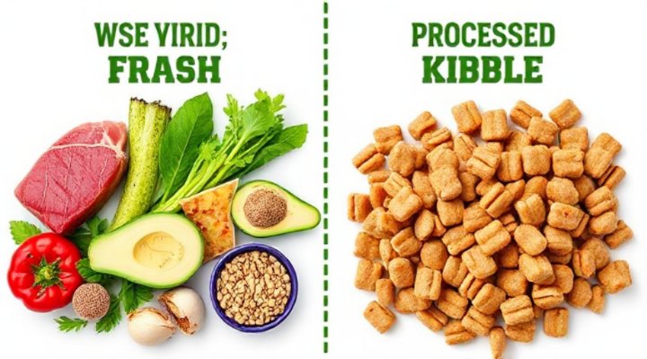 Visual comparison showing organic whole ingredients versus processed conventional dog food