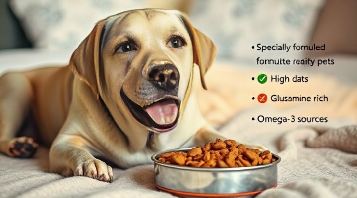 Senior Labrador enjoying meal of real dog food with visible joint benefits