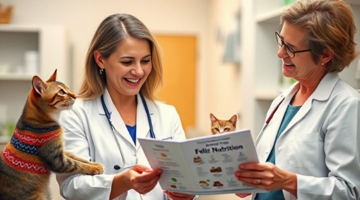 Friendly veterinarian explaining indoor cat nutrition to caring pet owner