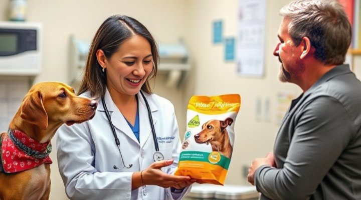 Caring veterinarian discussing hypoallergenic dog food options with concerned pet owner