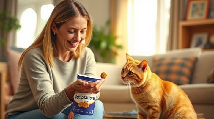 Owner using Temptations treats for cat training session