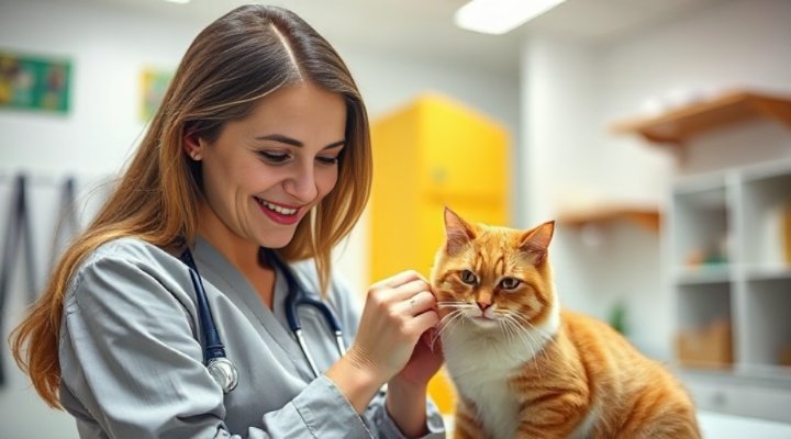 Caring owner checking cat