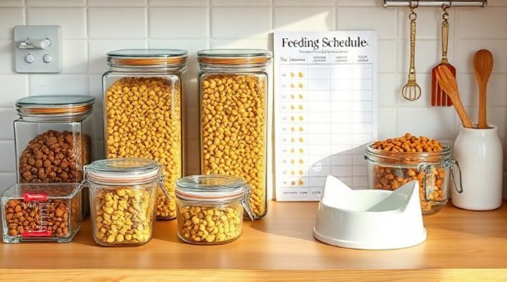 Organized cat food storage system with measuring cups and airtight containers