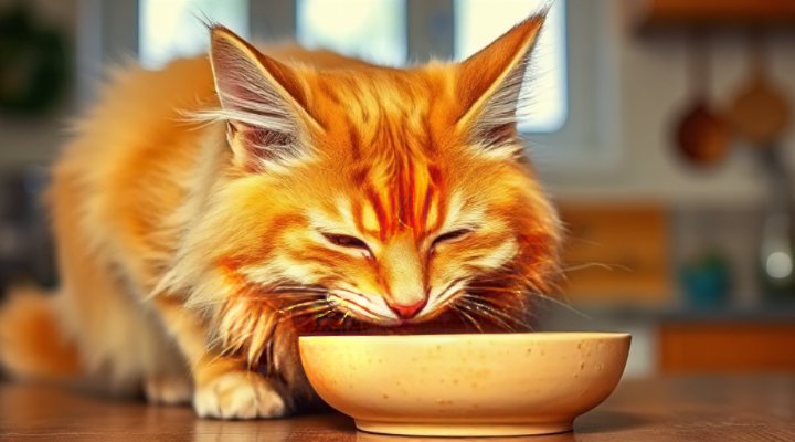 A contented cat enjoying a bowl of wet food, emphasizing hydration benefits