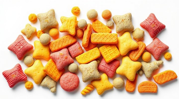 Colorful variety of Temptations cat treats in different flavors arranged beautifully