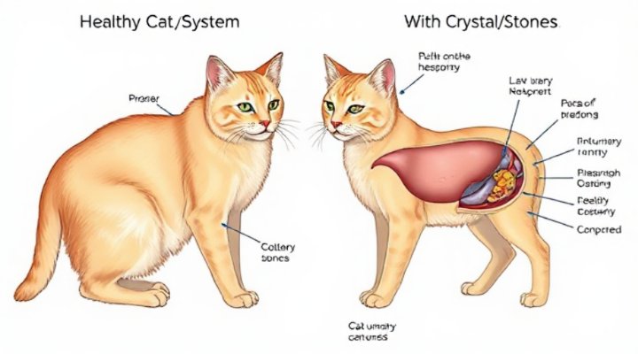 Educational diagram comparing healthy feline urinary system with issues