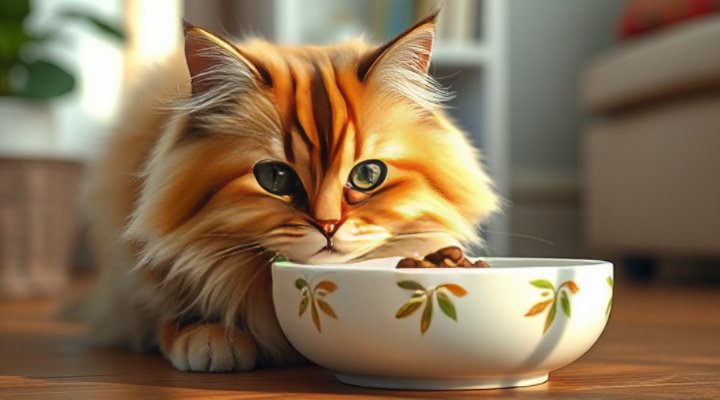 Beautiful indoor cat eating from ceramic bowl with nutritional food