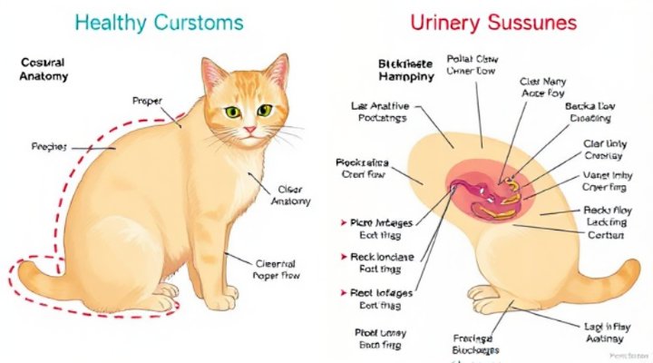 Educational illustration comparing healthy feline urinary system with common urinary issues