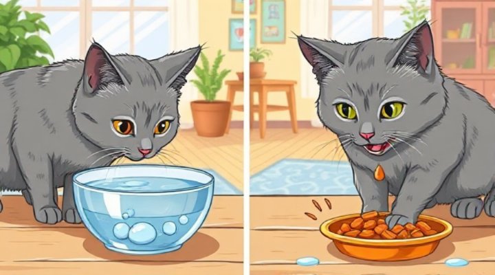 Comparison of a cat drinking water and eating wet food, highlighting hydration sources