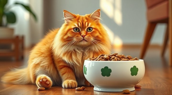Beautiful indoor cat eating from ceramic bowl with nutritional food