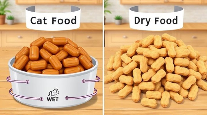 Visual comparison showing moisture content in wet versus dry cat food