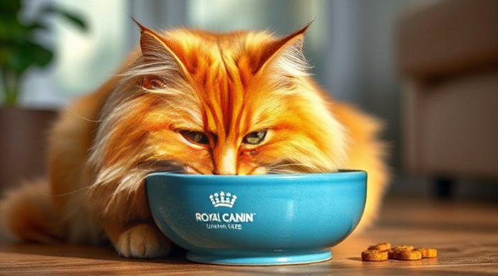 Contented cat enjoying Royal Canin urinary care diet from ceramic bowl