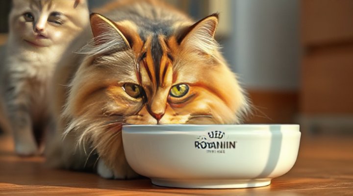 Content cat enjoying Royal Canin urinary care diet from ceramic bowl