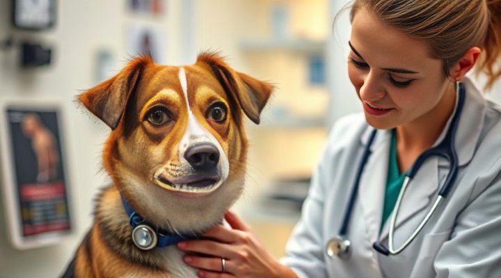 Caring veterinarian examining a cute mixed breed dog for allergy symptoms