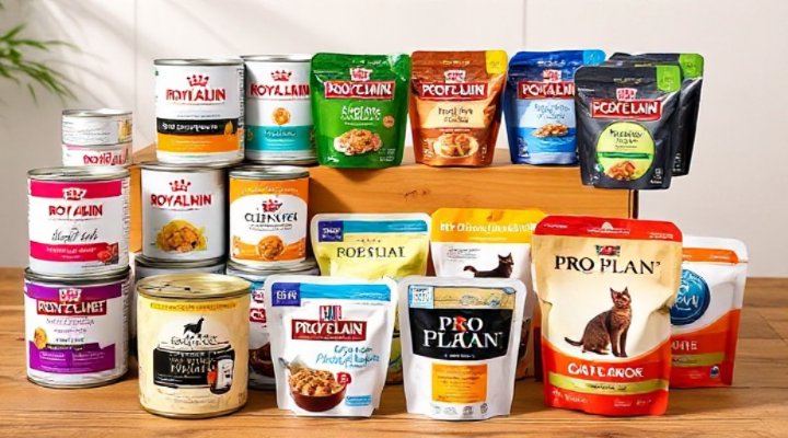 Collection of high-quality wet cat food cans and pouches from top brands