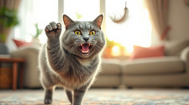 Active indoor cat playing with toys showing energy from proper nutrition