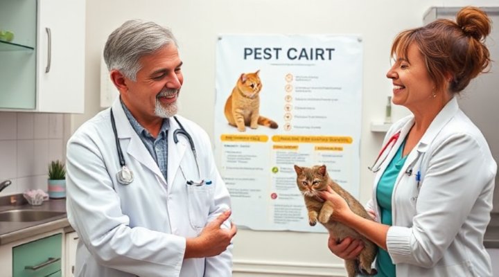 A kind veterinarian and a caring pet owner discussing feline hydration and diet